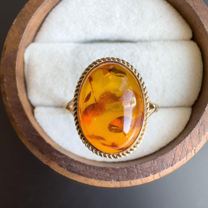 Vintage | 1970s | 9ct Gold Amber Ring | Cognac Amber Statement Ring | English Hallmarks | UK L - US 5.75 | Resizable |