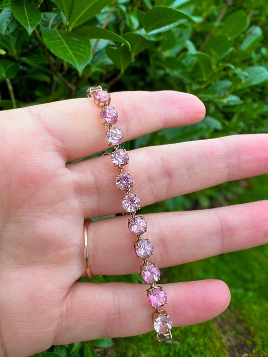 Sparkling 9ct Gold Pink Zirconia Bracelet  Elegant Vintage Tennis Bracelet | English Hallmarks | 20cm - 8 Inch |