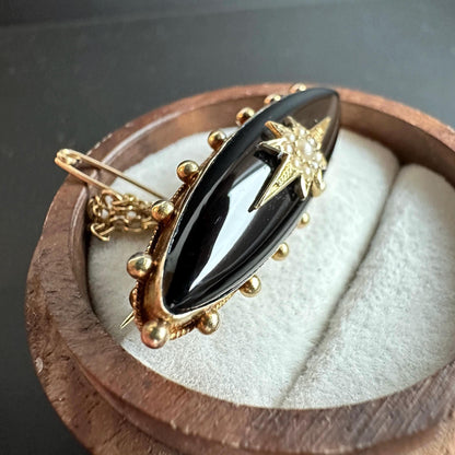15ct Yellow Gold and Black Enamel Pearl-Set Oval late Victorian Brooch, c.1900, Victorian Jewellery