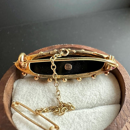 15ct Yellow Gold and Black Enamel Pearl-Set Oval late Victorian Brooch, c.1900, Victorian Jewellery