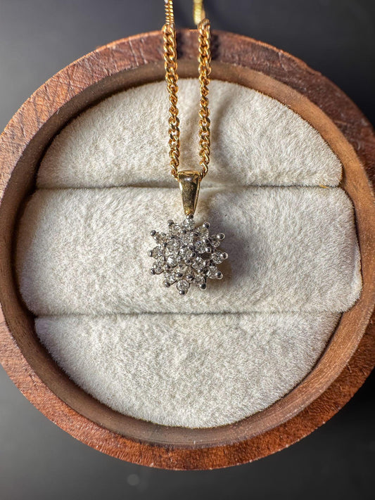 Vintage 9ct Gold Diamond Cluster Pendant on 9ct Gold Fine Curb Link Chain Necklace | 50cm / 20 Inch