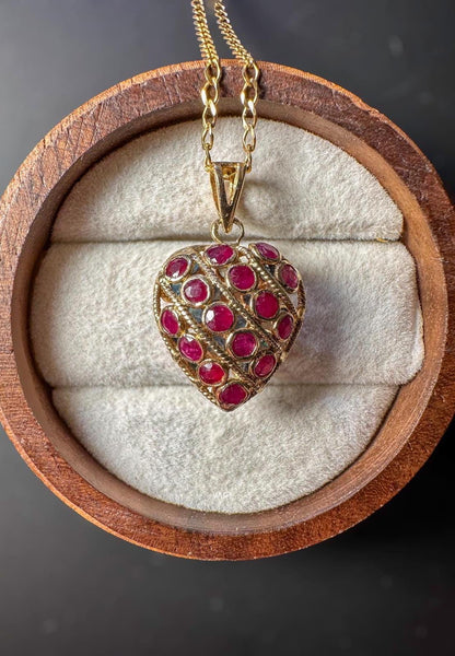 Vintage 9ct Gold Heart-Shaped Ruby & Sapphire Pendant on 9ct Gold Fine Link Chain Necklace | English Hallmarks | 46cm / 18 Inch