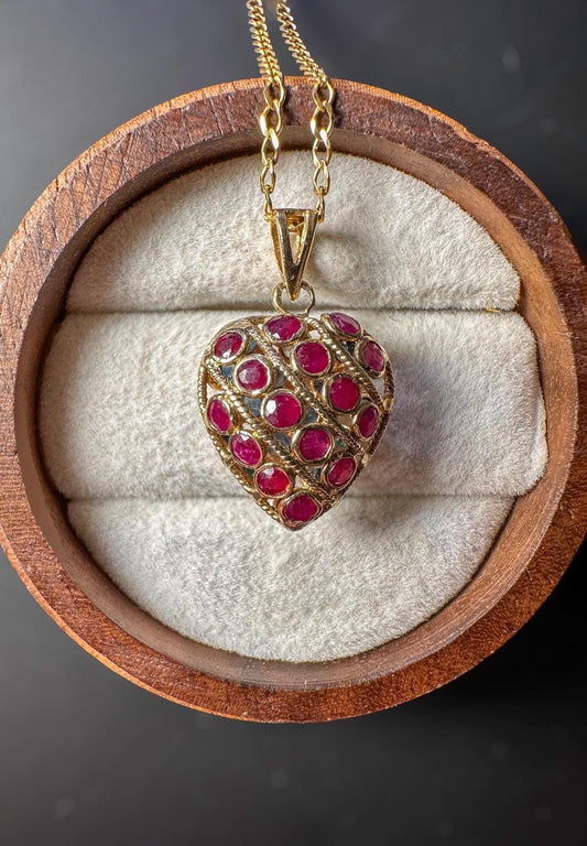 Vintage 9ct Gold Heart-Shaped Ruby & Sapphire Pendant on 9ct Gold Fine Link Chain Necklace | English Hallmarks | 46cm / 18 Inch