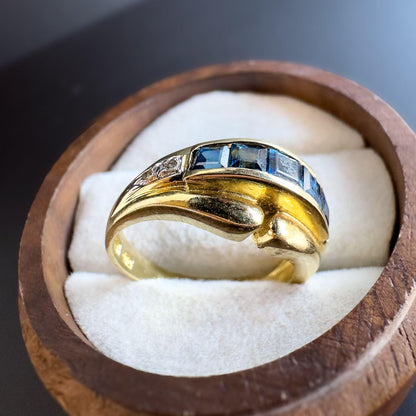 Vintage | 14ct | 14k Gold | Sapphire and Diamond Gypsy Style Ring | Elegant Sapphire Band | Retro Ring | UK N - US 6.75 | Resizable