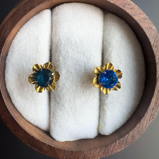 Vintage 9ct Gold Blue Paste | Floral Earrings | Retro Flower Studs | Elegant Gift for Her | Unique Vintage Jewelry |