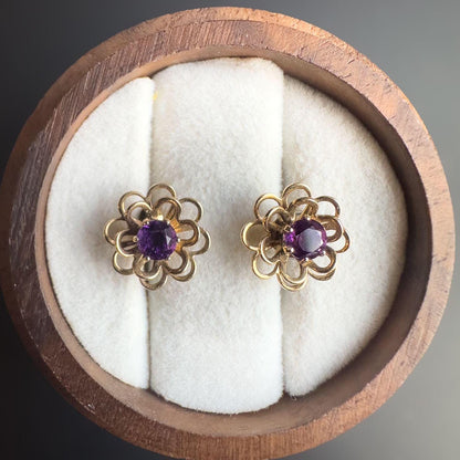 Vintage 9ct Gold Amethyst Floral Earrings | Retro Flower Design | February Birthstone Gift | Elegant Vintage Jewelry | 9ct Gold Hallmark |