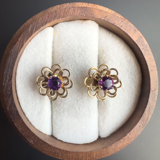 Vintage 9ct Gold Amethyst Floral Earrings | Retro Flower Design | February Birthstone Gift | Elegant Vintage Jewelry | 9ct Gold Hallmark |
