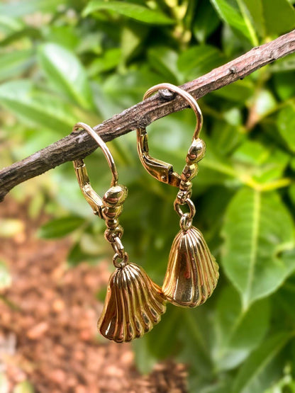 Vintage 9ct Gold Shell Drop Earrings | Classic Leverback Dangle | Elegant Nautical Jewelry | Gift for Her