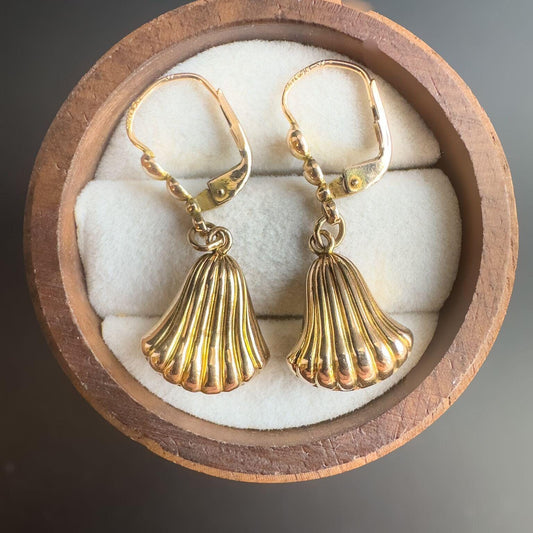 Vintage 9ct Gold Shell Drop Earrings | Classic Leverback Dangle | Elegant Nautical Jewelry | Gift for Her