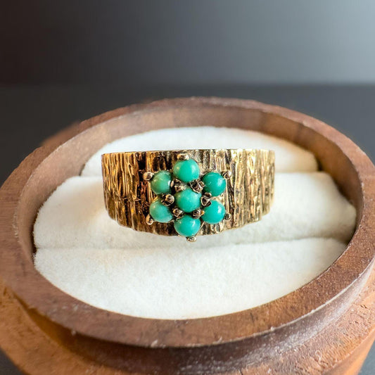 Vintage | 9ct | 9k Gold Turquoise Cluster Ring | Textured Bark Effect Band with Turquoise Flower Design | UK O - US 7.25 | Resizable