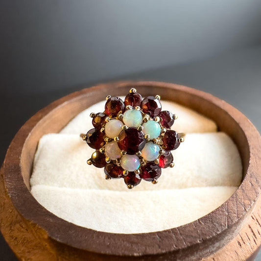 Vintage 9ct Gold Opal & Garnet Cluster Ring | Unique Floral Gemstone Ring | Classic Statement Jewelry | UK K 1/2 - US 5.5 | Resizable |