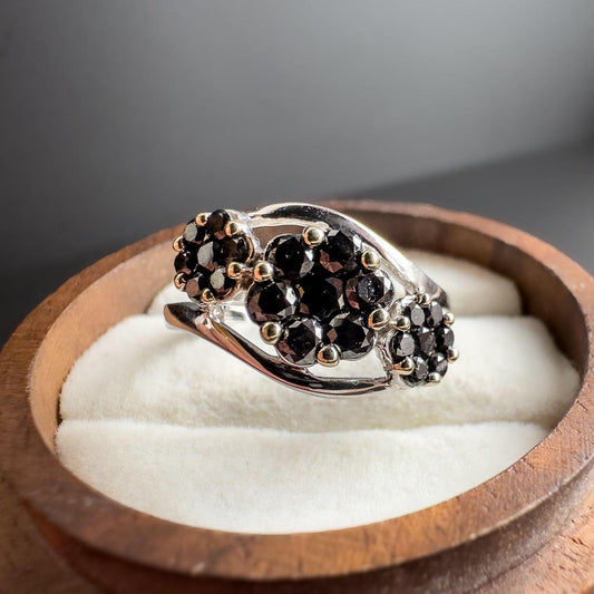 Stunning | 9ct White Gold | Black Diamond Cluster Ring | Elegant Statement Ring | Size UK O 1/2, US 7.5 | Resizable | English Hallmarks