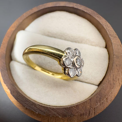 Vintage 18ct Solid Gold Diamond Daisy Flower Cluster Ring | Classic Statement Jewelry | English Hallmarks | UK K 1/2 - US 5.5 | Resizable