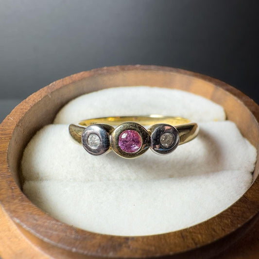Vintage 9ct Gold Pink Topaz & Diamond Trilogy Ring | Birmingham Hallmarked | Elegant Vintage Jewelry | Gift for Her | UK P - US 7.75  |