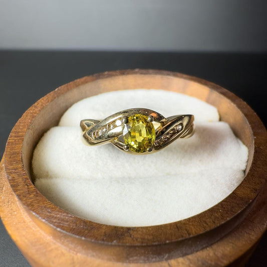 Vintage 9ct Gold Citrine & Diamond Ring | Elegant Retro Yellow Gemstone Statement Ring| | UK N 1/2 - US 7 | Resizable | English Hallmarks