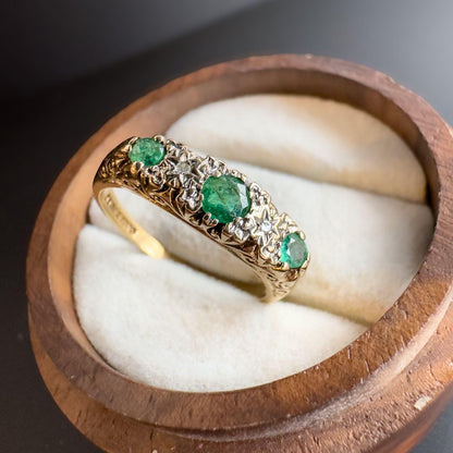 1980s Three-Stone Emerald & Diamond Ring in 9ct Gold  Stunning Scrollwork | UK Size N - US 6.75 | Resizable | English Hallmarks