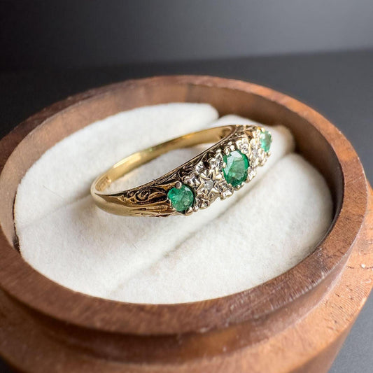 1980s Three-Stone Emerald & Diamond Ring in 9ct Gold  Stunning Scrollwork | UK Size N - US 6.75 | Resizable | English Hallmarks