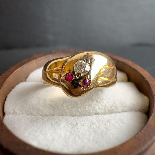 Rare Antique | 18ct Gold Edwardian Serpent Snake Ring, Diamond & Ruby Eyes | Circa 1910 English Hallmarks | UK O 1/2 -US 7.5 | Resizable