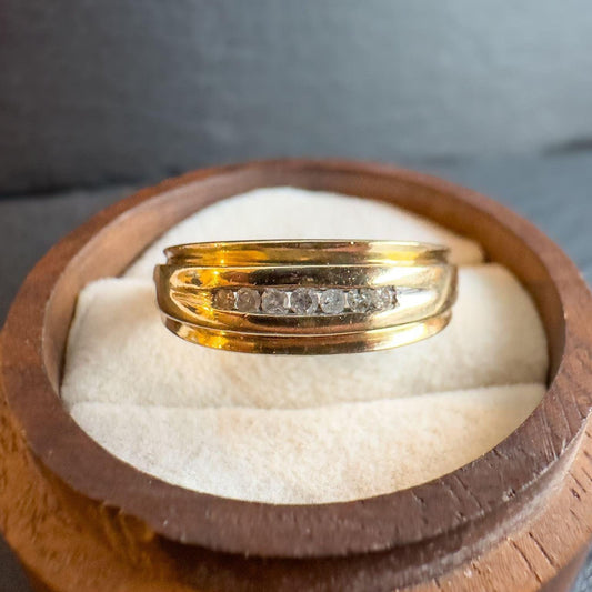 Vintage 9ct Gold Diamond Accent Band Ring - Vintage Elegance - Unique Gold Band | English Hallmarks | UK Q 1/2 - US 8.5 | Resizable
