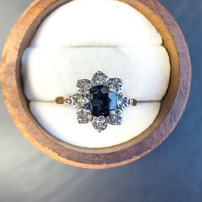 Vintage 9ct Gold Sapphire and Diamond Ring | Birmingham 1975's Hallmark |  Floral Cluster Design | UK N 1/2 | Resizable |