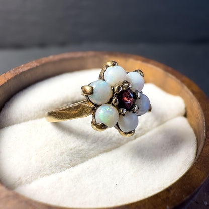 Vintage 9ct Gold Opal and Garnet Ring - English Hallmark | Daisy Flower Ring | UK J 1/2 | Resizable |