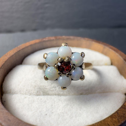 Vintage 9ct Gold Opal and Garnet Ring - English Hallmark | Daisy Flower Ring | UK J 1/2 | Resizable |