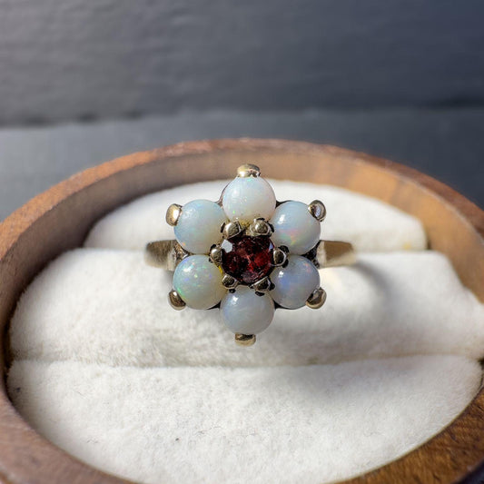 Vintage 9ct Gold Opal and Garnet Ring - English Hallmark | Daisy Flower Ring | UK J 1/2 | Resizable |
