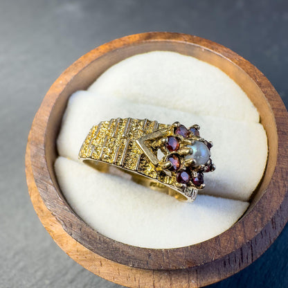 Vintage 1950s 9ct Gold Garnet and Pearl Statement Ring | London Hallmarked |  Statement Jewelry | Mid-Century Design | UK M | Resizable |