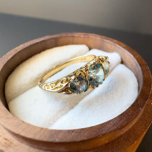 Vintage | 9ct Gold | Edwardian-Inspired Blue Topaz Ring  Intricate Scrollwork Design | English Hallmarks | UK L 1/2 - US 6 | Resizable