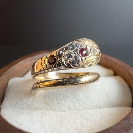 Antique 9ct Gold Diamond & Ruby Serpent Snake Ring  Unique Victorian Symbolism | 1918 Hallmarked | UK L 1/2 - US 6 | Resizable