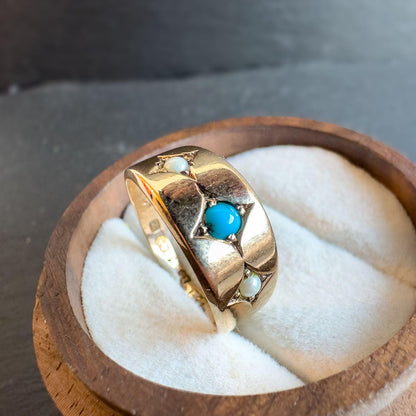 Antique 15ct Solid Gold Turquoise And Pearl Gypsy Ring | Birmingham 1924 Hallmarked | UK L/2 - US 6 | Resizable | Victorian Era Jewelry |