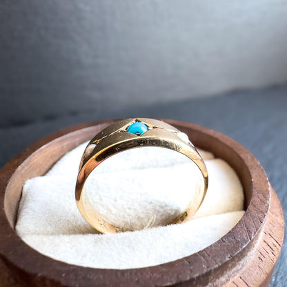Antique 15ct Solid Gold Turquoise And Pearl Gypsy Ring | Birmingham 1924 Hallmarked | UK L/2 - US 6 | Resizable | Victorian Era Jewelry |