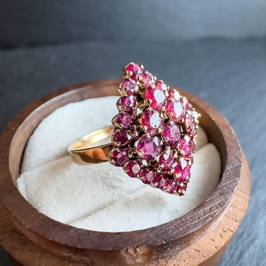 Vintage 18ct Gold Ruby Cluster Ring | Unique Marquise Design | Stately Vintage Jewelry |Statement Ring | UK M - US 6.25  | Resizable |
