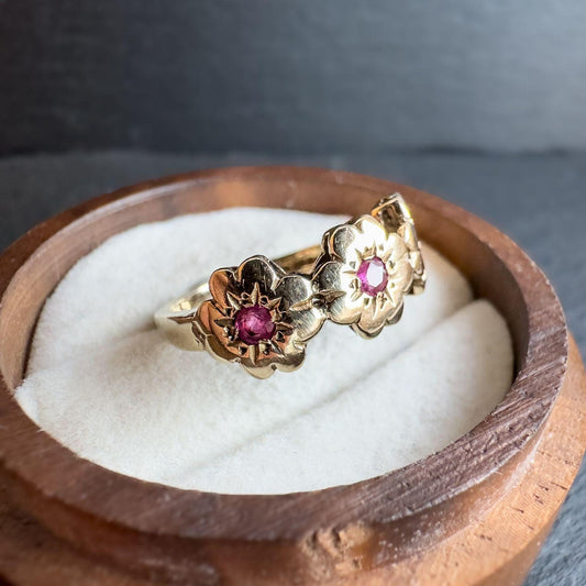 Vintage 9ct Gold Ruby Floral Ring | Elegant Petal Design Jewelry | Unique Statement Ring | English Hallmarked | UK M - US 6.25| Resizable |