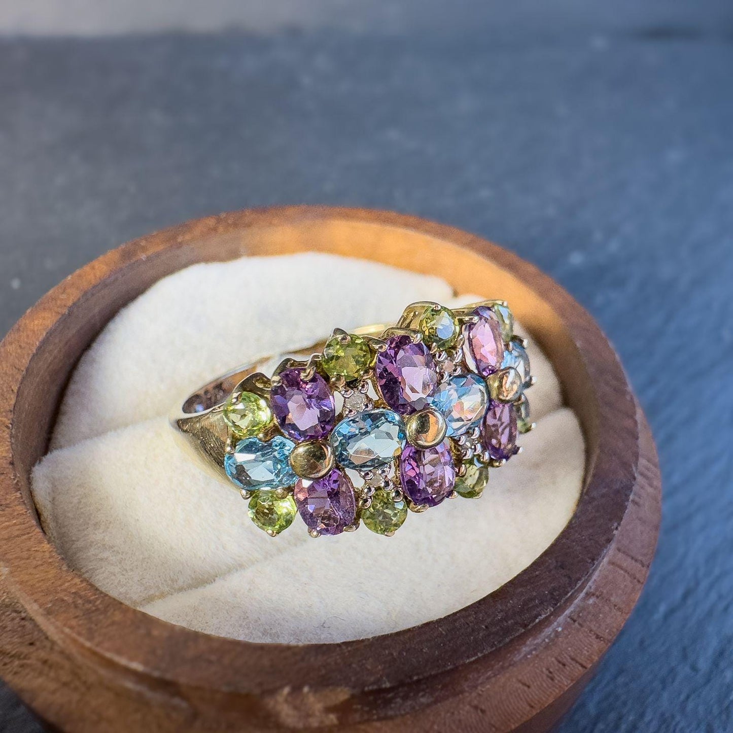 Vintage 9ct Gold Multi Stone Cluster Ring | Amethyst, Peridot, Topaz Gemstone Ring | UK T - US 9.5 | Resizable |