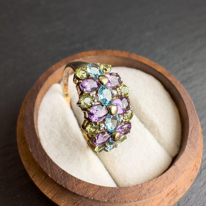 Vintage 9ct Gold Multi Stone Cluster Ring | Amethyst, Peridot, Topaz Gemstone Ring | UK T - US 9.5 | Resizable |