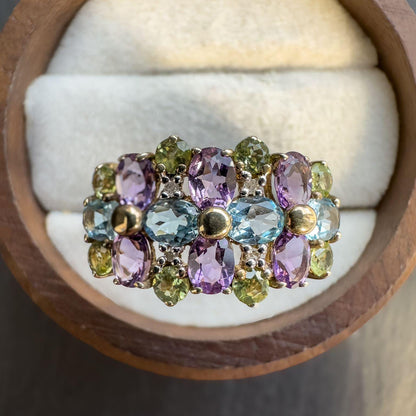 Vintage 9ct Gold Multi Stone Cluster Ring | Amethyst, Peridot, Topaz Gemstone Ring | UK T - US 9.5 | Resizable |