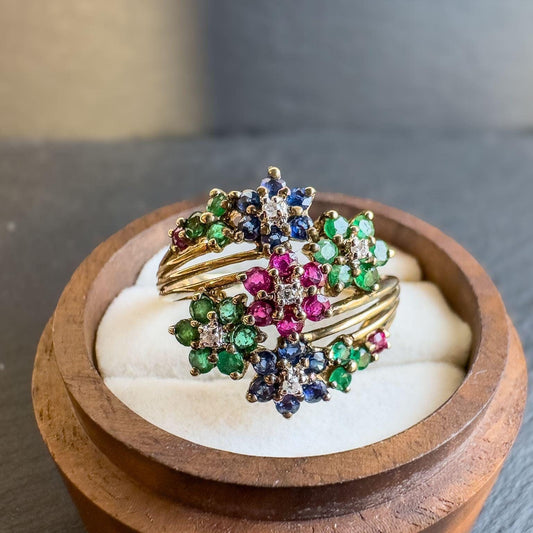 Stunning Vintage 9ct Gold Ruby, Emerald, Sapphire & Diamond Floral Cluster Ring | UK T - US 9.5 | Resizable | English Hallmarks