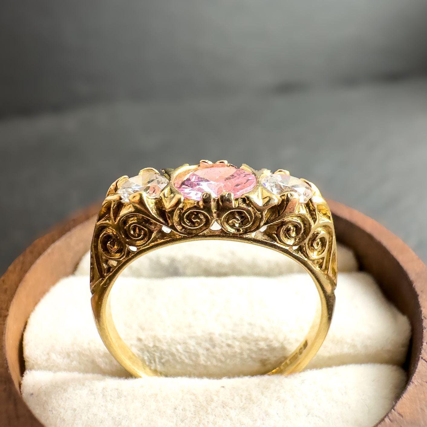Vintage 9ct Gold Pink & White Zirconia Trilogy Ring | Elegant Vintage Jewelry | UK P | Resizable | English Hallmarked |