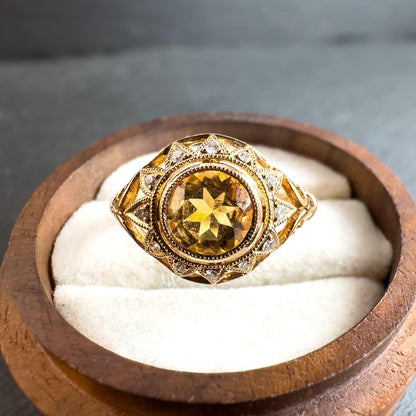 Exquisite 9ct Gold Citrine and Diamond Cocktail Ring   Sun Burst Design Vintage Statement Ring | Hallmarked | UK P 1/2 -US 8 | Resizable