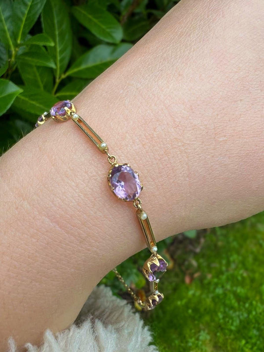 Vintage 9ct Gold Amethyst & Seed Pearl Bracelet  Elegant Victorian Style Purple Gemstone Jewelry  | English Hallmarks | 19cm - 7.5 Inch