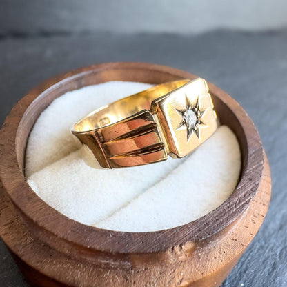 9ct Gold Diamond Star Ring | Vintage Unisex Signet Ring | Unique Gold Gypsy Ring | UK W - US 11 | Resizable | Retro Gold Jewelry |