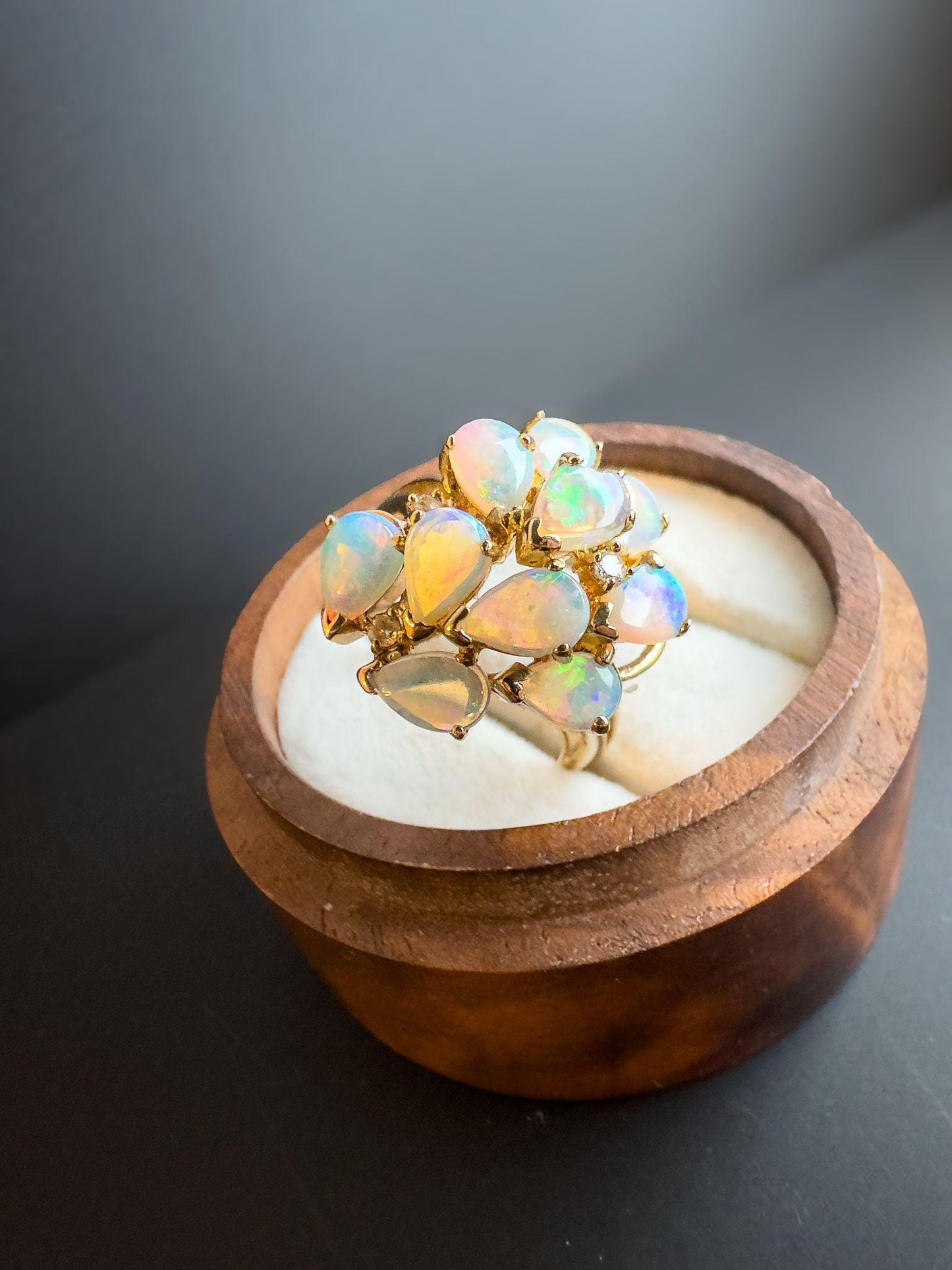 Exquisite 9ct Gold Opal & Diamond Cluster Ring  Iridescent Opal Statement Ring | Unique Opal Dress Ring | English Hallmarks | UK P - US 7.5