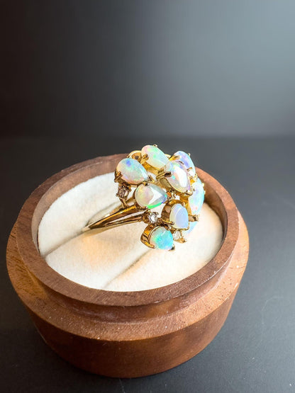 Exquisite 9ct Gold Opal & Diamond Cluster Ring  Iridescent Opal Statement Ring | Unique Opal Dress Ring | English Hallmarks | UK P - US 7.5
