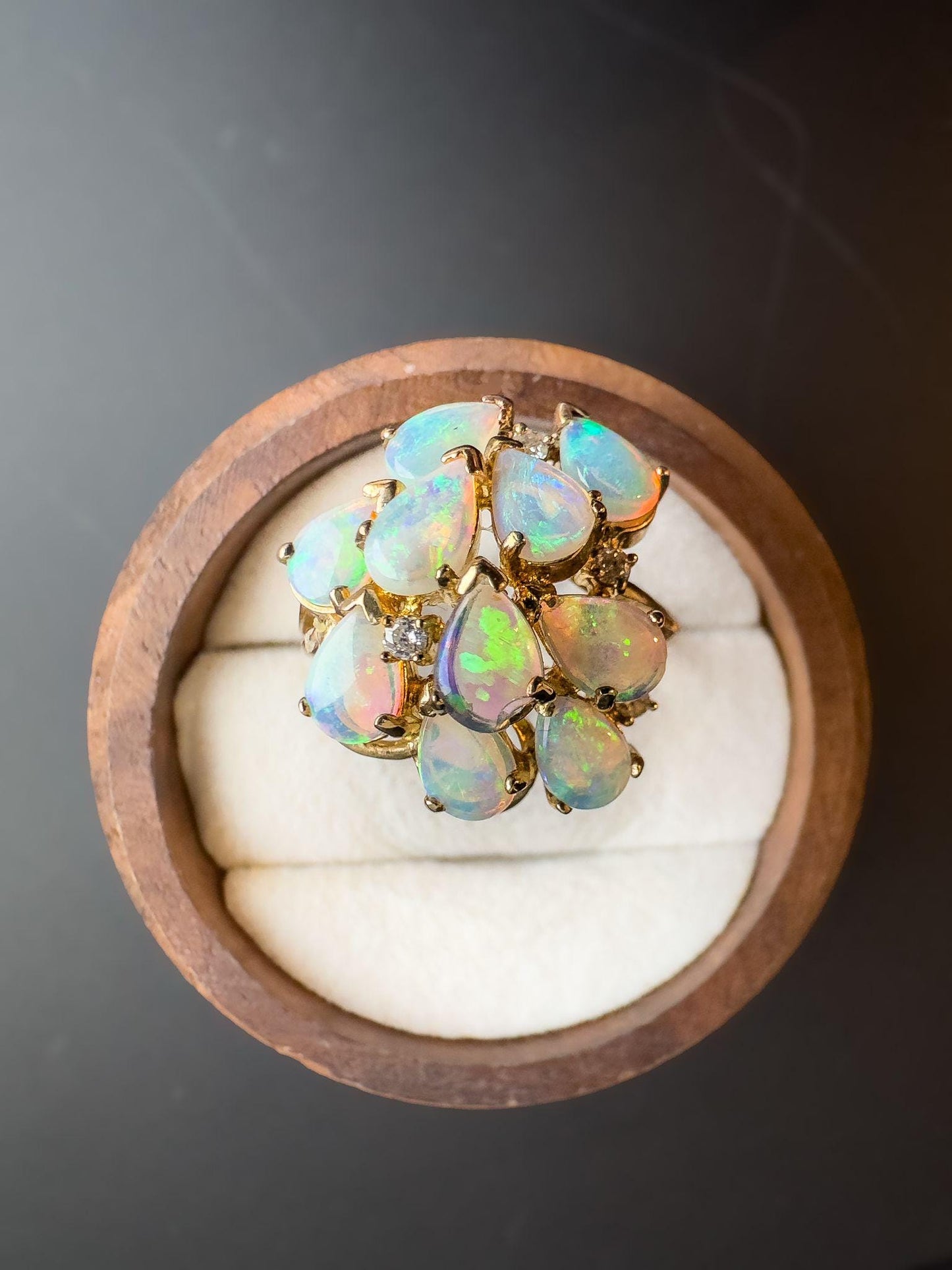 Exquisite 9ct Gold Opal & Diamond Cluster Ring  Iridescent Opal Statement Ring | Unique Opal Dress Ring | English Hallmarks | UK P - US 7.5