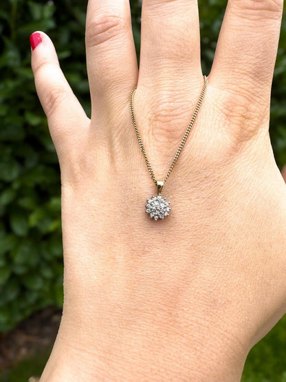 Vintage 9ct Gold Diamond Cluster Pendant on 9ct Gold Fine Curb Link Chain Necklace | 50cm / 20 Inch