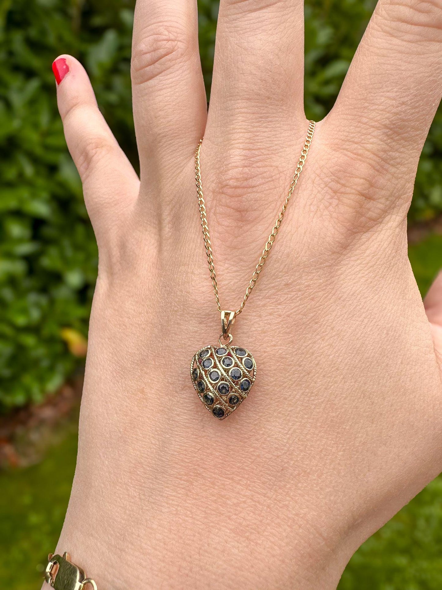 Vintage 9ct Gold Heart-Shaped Ruby & Sapphire Pendant on 9ct Gold Fine Link Chain Necklace | English Hallmarks | 46cm / 18 Inch