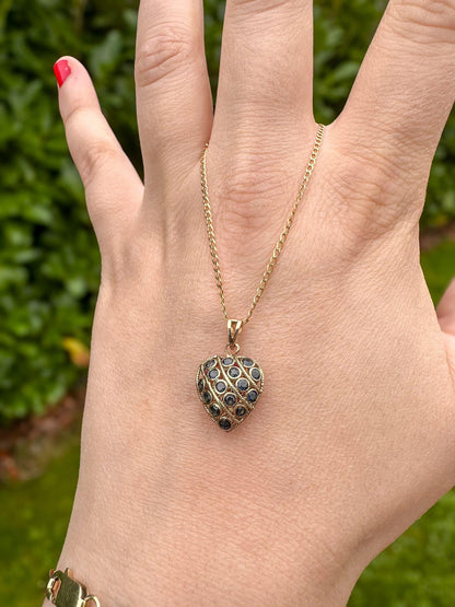 Vintage 9ct Gold Heart-Shaped Ruby & Sapphire Pendant on 9ct Gold Fine Link Chain Necklace | English Hallmarks | 46cm / 18 Inch