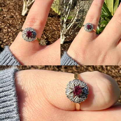 18ct Solid Gold Ruby and Diamond Cluster Ring | Vintage Floral Design | Unique Art Deco-Inspired Jewelry | English Hallmarks | UK N - US 7 |