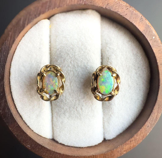 Vintage 9ct Gold Opal Earrings | Elegant Floral Design | Unique October Birthstone Gift | Vintage Jewelry for Her |